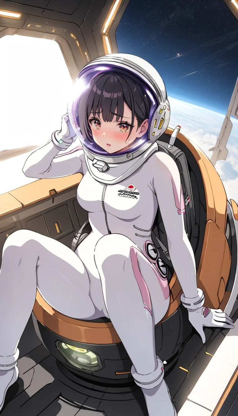 1人of女of子,Alone,short hair,(Space Suit:1.15), Black Hair Space Helmet ,whole body, indoor, masterpiece of the highest quality,  trembling, difficulty breathing, bodysuit,Lumine ,  Bubble Helmets , short hair,  backpack,gloves,blush,internal (cockpit) of (Futuristic spaceship:1.6), Sitting on narraw futuristic spacecraft cockpit seat, Covered navel, short hair