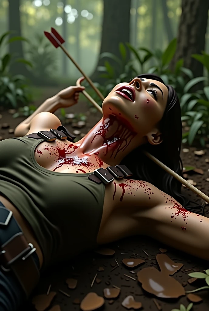 lara croft shot in neck with an arrow and bleeds from neck as she dies 