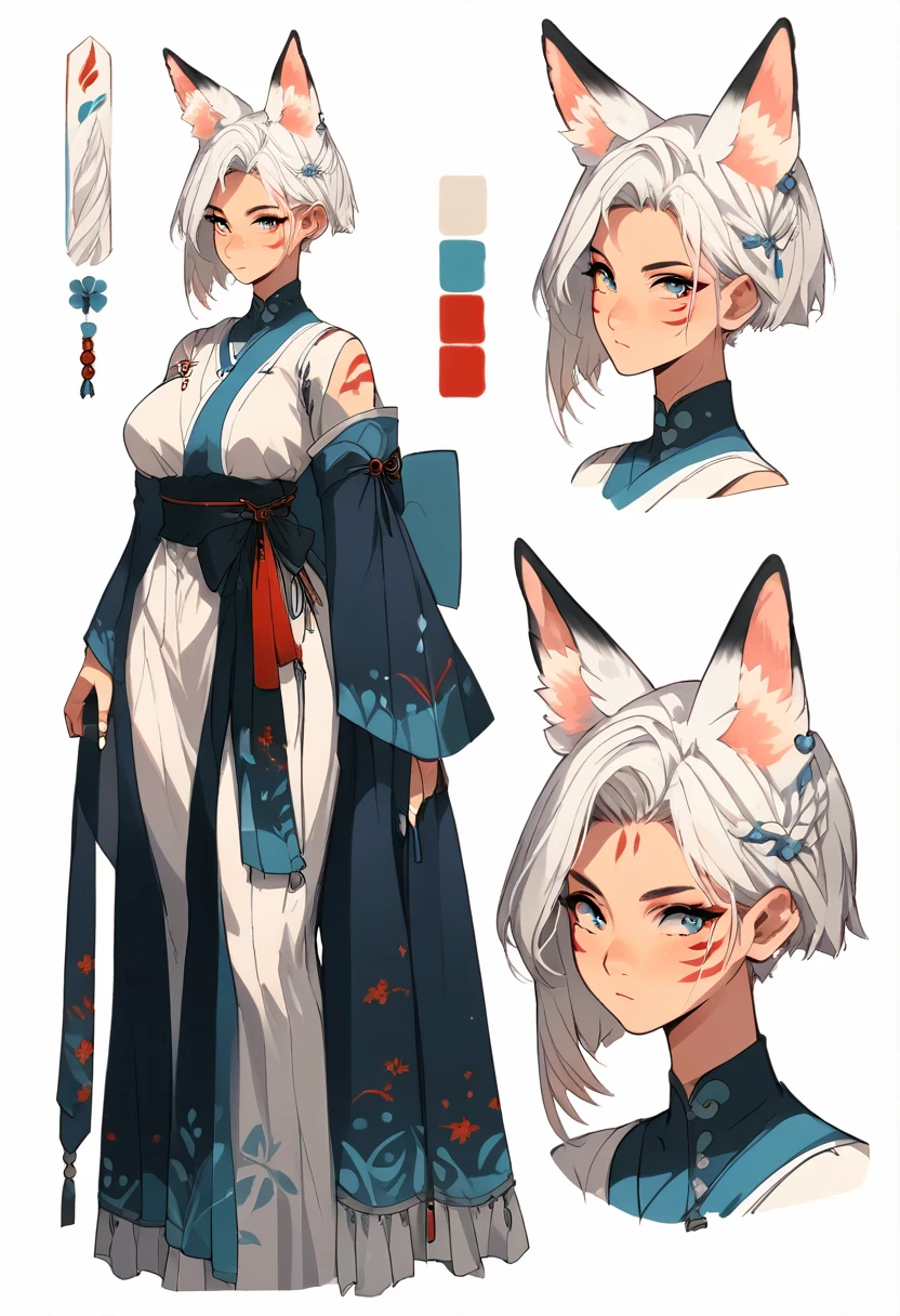 character sheet,girl,alone,short hair,long hair,sidecut,hairstyle combed to the left,white hair,fox ears,Ghawazee clothes,white clothes,big breasts,hips,thighs,red marks on face,front,profile,3/4
