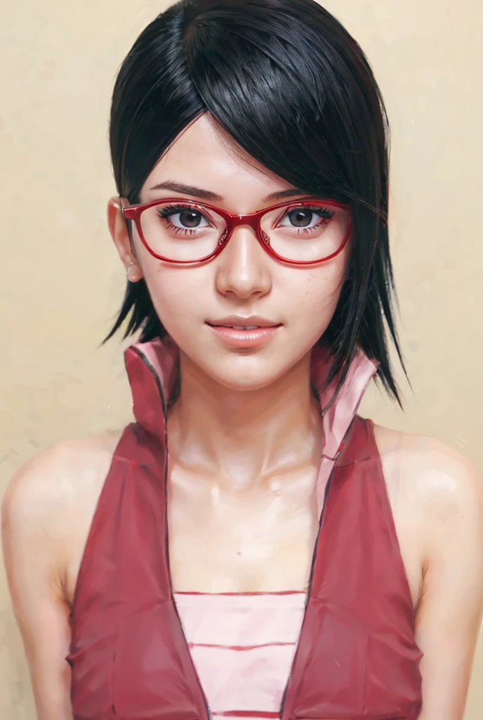 1girl, sarada in anime boruto thenextgeneration, short hair, black hair, red eyes, red clothes, realistic clothes, beautiful, wear glasses red, background city, realistic, ultra detail, smile