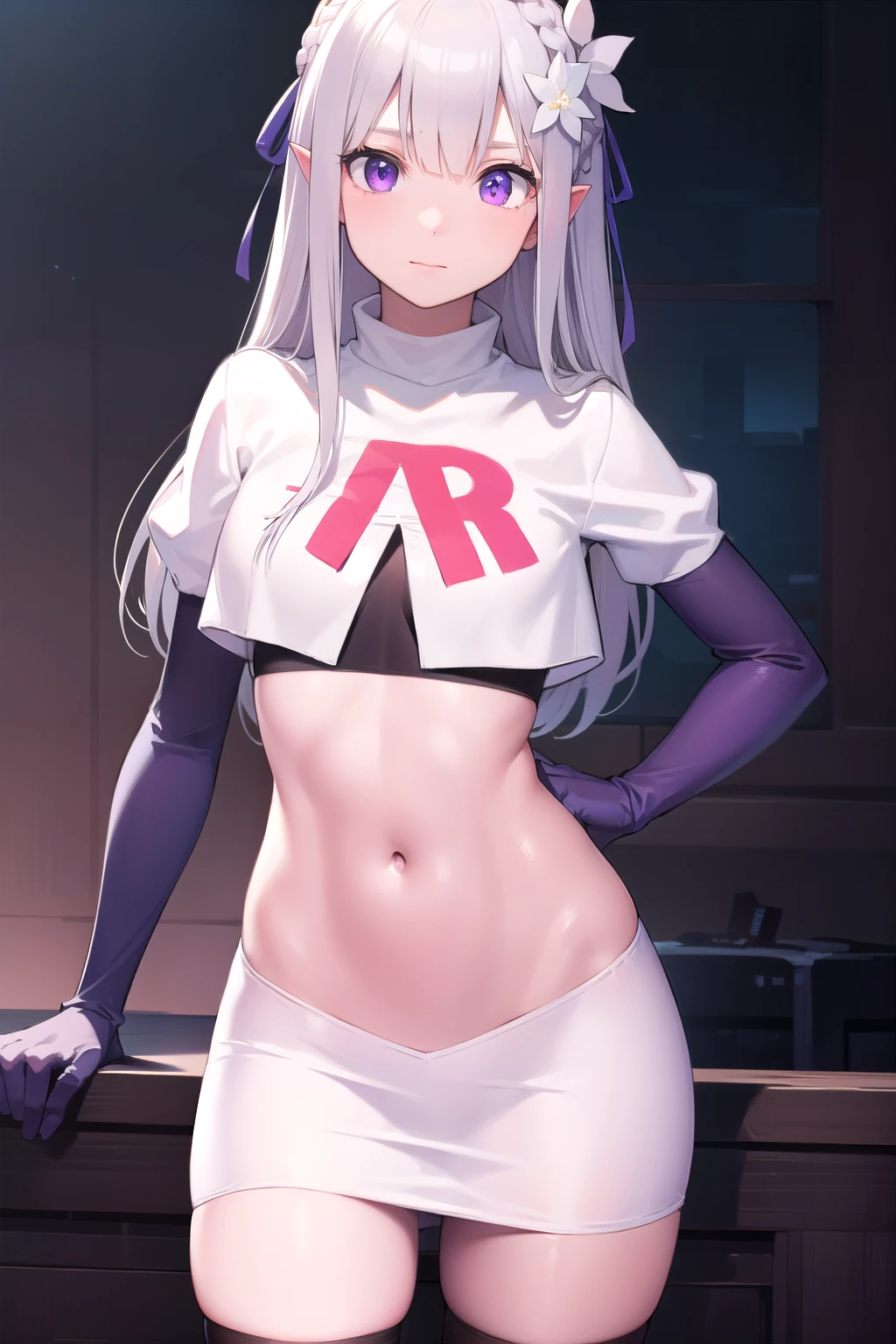 rezeroemilia, emilia, braid, crown braid, flower, hair flower, hair ornament, hair ribbon, long hair, low-tied long hair, (purple eyes:1.2), pointy ears, white flower, x hair ornament,
BREAK low-tied long hair, navel, team rocket,team rocket uniform,white skirt,red letter R,crop top,black thigh-highs,black elbow gloves,
BREAK looking at viewer, cowboy shot,
BREAK (masterpiece:1.2), best quality, high resolution, unity 8k wallpaper, (illustration:0.8), (beautiful detailed eyes:1.6), extremely detailed face, perfect lighting, extremely detailed CG, (perfect hands, perfect anatomy),