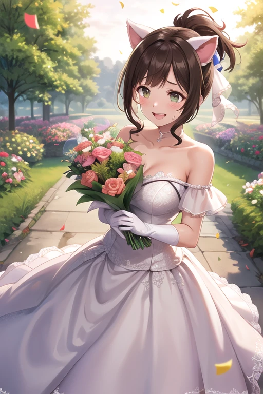 masterpiece,  best quality ,  Kampala, Look Ahead,  short hair, tooth,  ponytail,   Hair Ribbon ,  animal ears ,  Wedding Dress, White gloves, Off the shoulder, garden, Holding a bouquet,  standing ,  cowboy shot, (smile:1.1),  opens her mouth, tears, Confetti,