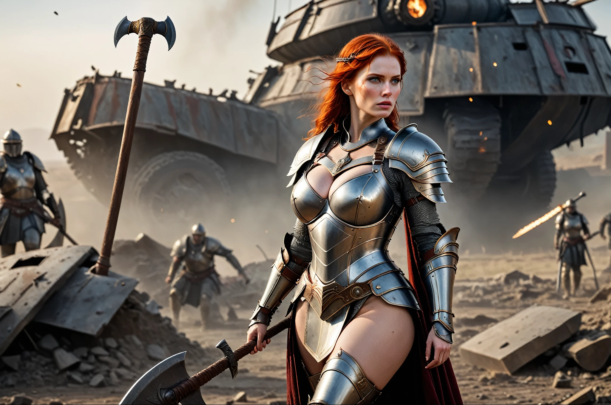 high quality portrayal, sharp facial features, sharp features, hawkish features, ultra-detailed features, ((realistic, photorealistic)). Gorgeous slim body, tight-fitting outfit, cleavage outfit, ((huge breasts)), ((large breasts)), mature redhead woman, Valkyrie warrior, dressed in steel iron armor, dented, impacts of blows, damaged, beaten (highly detailed armor), detailed costume, ((detailed apparels)). Body with scars, bumps, bruises detailed features. She is standing, holding a long steel axe in one of its hands. She is in the battlefield, it can be seen remnants and vestiges of a brutal battle. in the background the surroundings of epic battlefield can be seen in detail. ((sharp depth of field), ((intricate detail, detailed textures)), bright lighting, soft lighting, Global illumination.