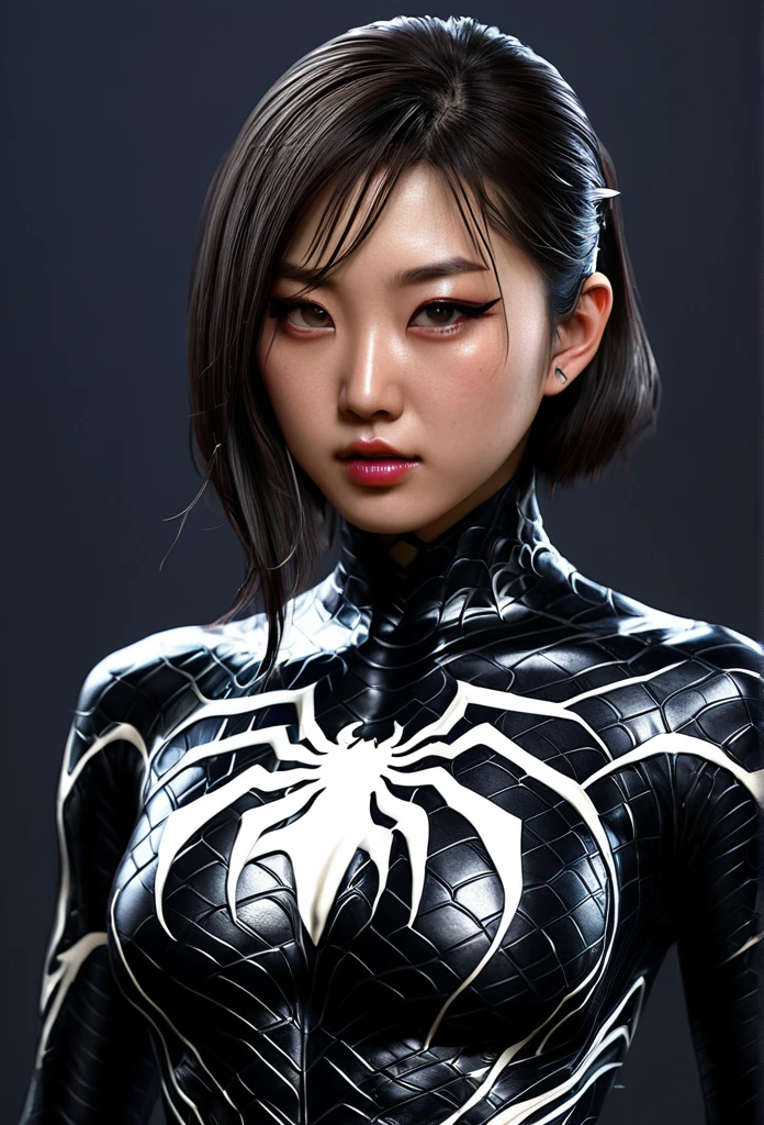 (high quality), (masterpiece), (detailed), 8K, Hyper-realistic illustration depicts (Japanese girl1.3) with striking features, dressed in (Venom Vespidae-inspired1.2) attire, showcasing intricate (upper body1.2) details. In style of Artgerm Lau, trending on Artstation.