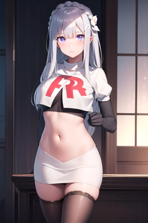 rita rossweisse, brown hair, long hair, hair over one eye, eyes visible through hair, hair flower, blue rose, red eyes, swept bangs, mole under eye, team rocket,team rocket uniform,white skirt,red letter R,crop top,black thigh-highs,black elbow gloves