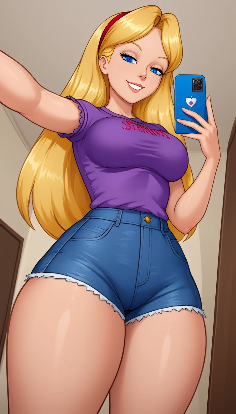 
Alice (Wonderful), Blonde hair, long hair , blue eyes, (:1.1),   neckline Alice wears a purple shirt combined with very tight denim shorts,casual style,  exposed legs  ,thick thighs,  Knee-high, shiny, oily skin,
Selfie,focus only,   half-closed eyes  ,   smiling,  low angle portrait with  , in the room 