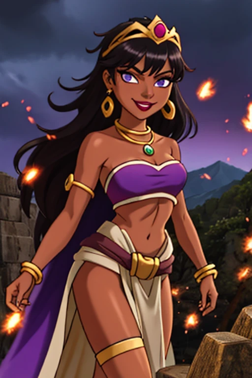 (best quality:1.3), (4K quality),masterpiece, best quality, high res, detailed, (Detailed face:1.2), (Detailed eyes:1.2), (Perfect figure:1.2), Fantasy style, Fantasy environment, solo, 1girl, BREAK 25 year old woman, sorceress, (Dark skin:1.5), (merge Chel with Queen La and Tiona Hiryute), purple hair, wavy hair, long hair, purple eyes, mascaras purple eyeshadow, smile, purple lipstick, covered in tattoos, medium breasts, waist, slender legs, attractive body, slim figure, perfect shape, (Wearing: golden headpiece, golden bracer, golden necklace, purple strapless top, purple loincloth, pelvic curtain, golden armbands, golden knee-high boots:1.3), BREAK highly detailed costume with intricate designs, looking at viewer, she's looking at the camera with an thrilled and confident smile, both hands glowing bright purple, purple magic, bright purple sparks in both hands, expressive expression, dark and mysterious aura, complex eye makeup, mystical energy radiating from her hands, electric purple orbs swirling around her, beautifully contoured face, fierce and confident posture, dark and dramatic lighting, vivid colors, intense purple and magenta color palette, individual spheres spinning at different speeds, translucent orbs emitting purple sparks, tracing of rays throughout the scene, illuminating the woman's silhouette with a mesmerizing glow, breathtaking visual effects, captivating and enchanting portrait, impressive level of detail in the woman's eyes and expression, attention to every intricate detail, BREAK (Night time, outdoors, stone temple, stone structures in the surroundings, dark clouds in the sky, purple lighting, gorgeous view of the mountainous valley)
