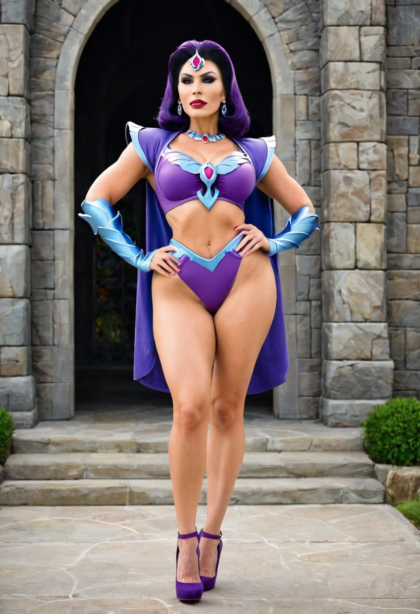 Full body shot of a beautiful female with a curvy thick body and large full natural breasts, Evil-Lyn from Masters of the Universe, wearing high heel shoes, standing outside of Skeletor's Castle