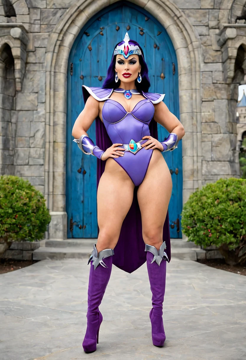 Full body shot of a beautiful female with a curvy thick body and large full natural breasts, Evil-Lyn from Masters of the Universe, wearing high heel shoes, standing outside of Skeletor's Castle