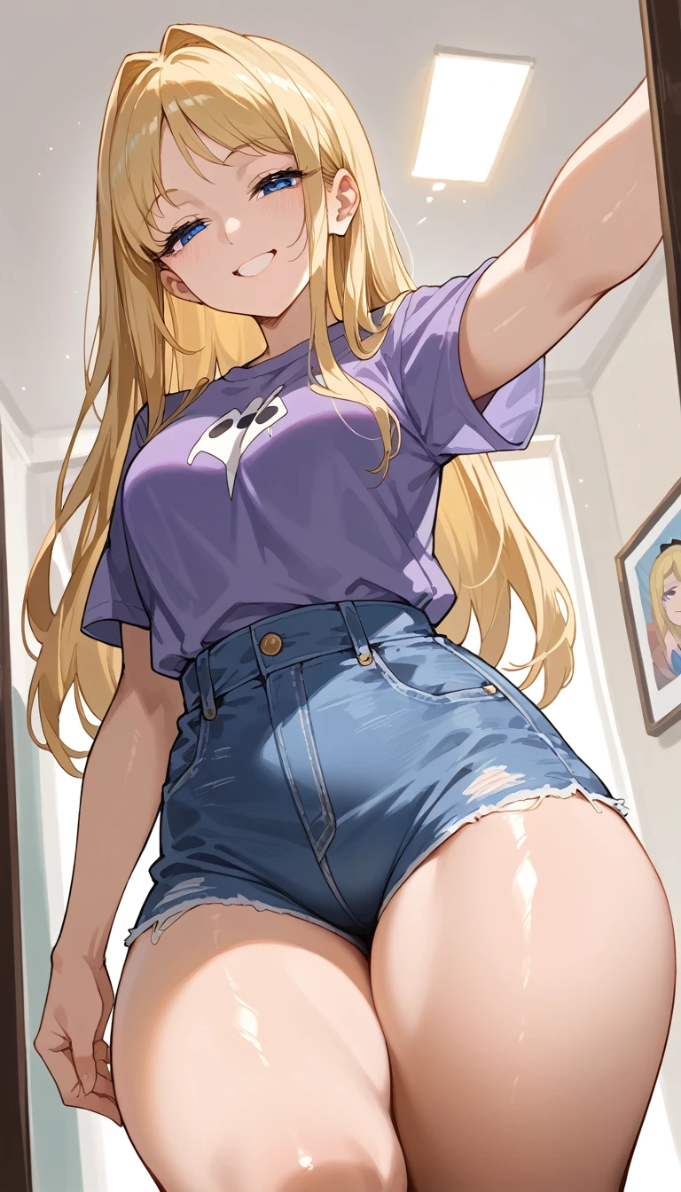 
Alice (Wonderful), Blonde hair, long hair , blue eyes, (:1.1),   neckline Alice wears a purple shirt combined with very tight denim shorts,casual style,  exposed legs  ,thick thighs,  Knee-high, shiny, oily skin,
Selfie,focus only,   half-closed eyes  ,   smiling,  low angle portrait with  , in the room 