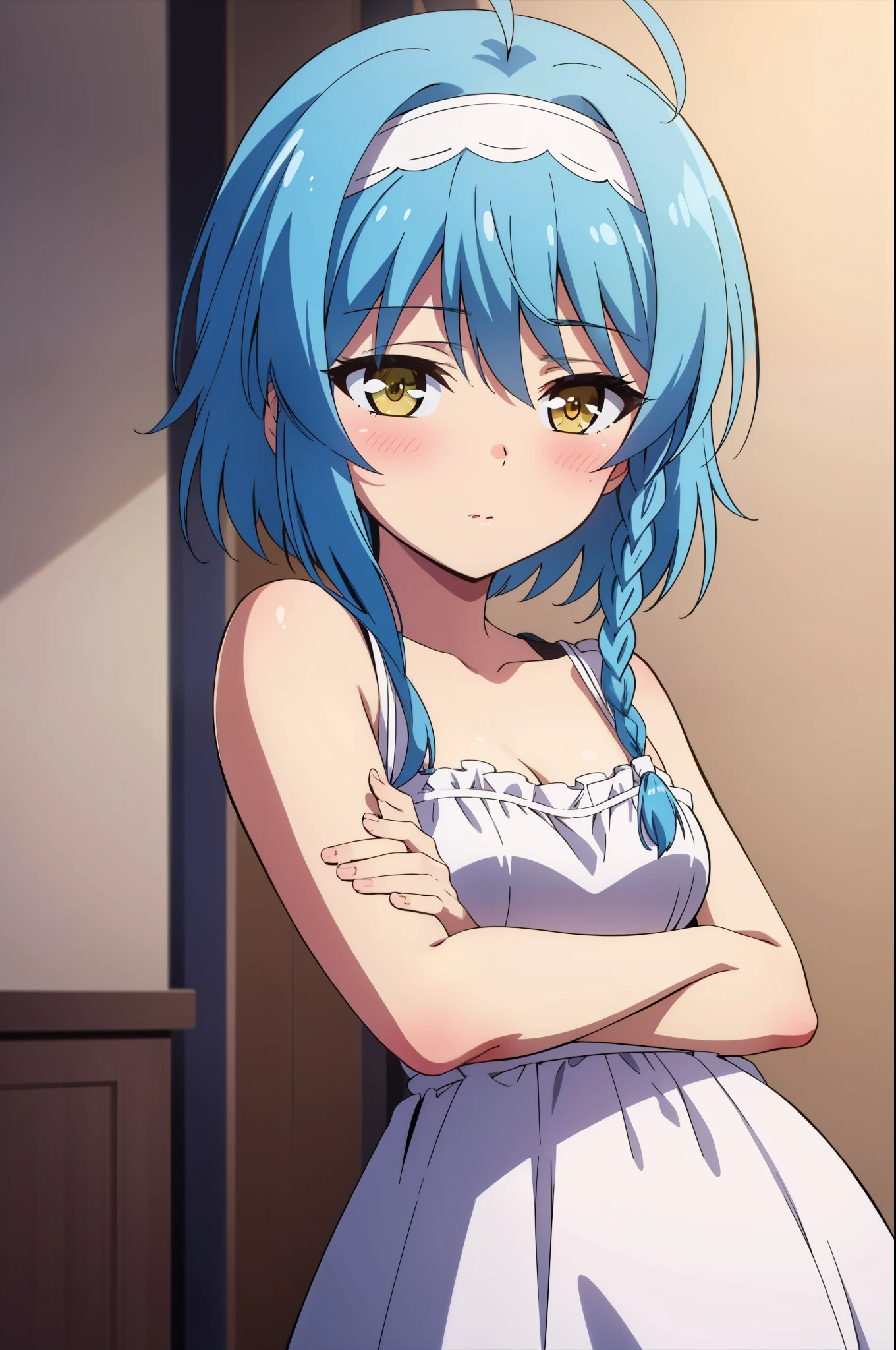 obra maestra, La mejor calidad, 1girl, ahoge, blue hair, blush, braid, dress, hairband, jewelry, short hair, yellow eyes
