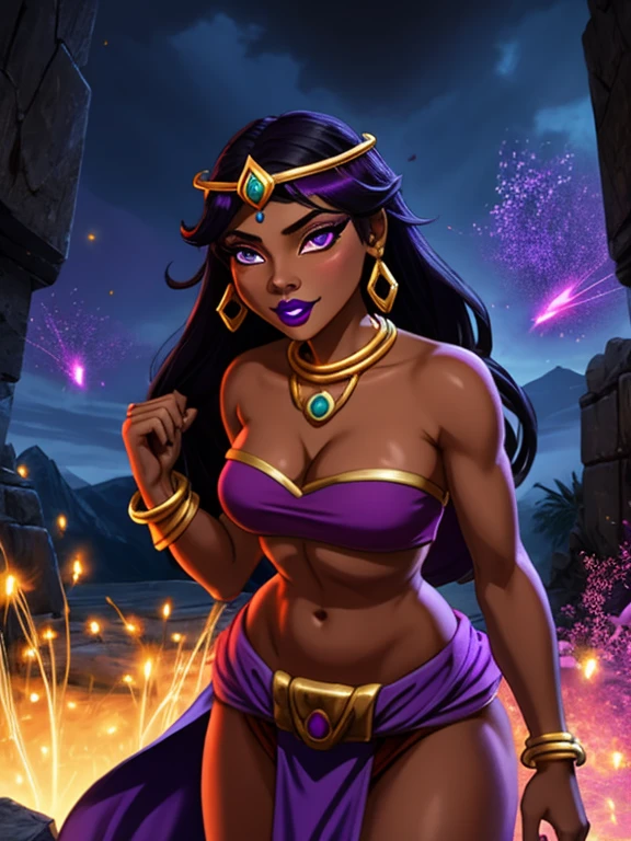 (best quality:1.3), (4K quality),masterpiece, best quality, high res, detailed, (Detailed face:1.2), (Detailed eyes:1.2), (Perfect figure:1.2), Fantasy style, Fantasy environment, solo, 1girl, BREAK 25 year old woman, sorceress, (Dark skin:1.5), (merge Chel with Queen La and Tiona Hiryute), purple hair, wavy hair, long hair, purple eyes, mascaras purple eyeshadow, smile, purple lipstick, covered in tattoos, medium breasts, waist, slender legs, attractive body, slim figure, perfect shape, (Wearing: golden headpiece, golden bracer, golden necklace, purple strapless top, purple loincloth, pelvic curtain, golden armbands:1.3), BREAK highly detailed costume with intricate designs, looking at viewer, she's looking at the camera with an thrilled and confident smile, both hands glowing bright purple, purple magic, bright purple sparks in both hands, expressive expression, dark and mysterious aura, complex eye makeup, mystical energy radiating from her hands, electric purple orbs swirling around her, beautifully contoured face, fierce and confident posture, dark and dramatic lighting, vivid colors, intense purple and magenta color palette, individual spheres spinning at different speeds, translucent orbs emitting purple sparks, tracing of rays throughout the scene, illuminating the woman's silhouette with a mesmerizing glow, breathtaking visual effects, captivating and enchanting portrait, impressive level of detail in the woman's eyes and expression, attention to every intricate detail, BREAK (Night time, outdoors, stone temple, stone structures in the surroundings, dark clouds in the sky, purple lighting, gorgeous view of the mountainous valley)
