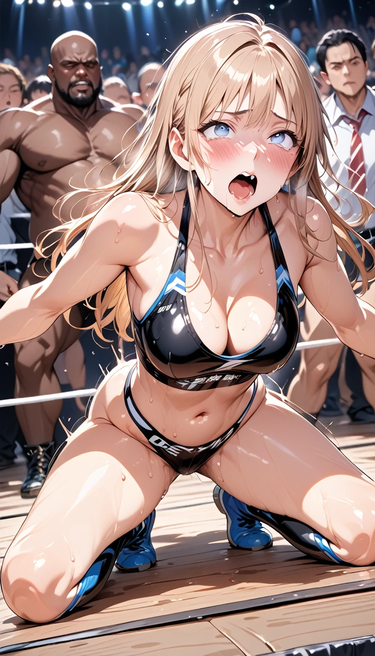 nsfw,masterpiece, super fine illustration, best quality, light particles, ultra detailed, perfect anatomy, Japanese anime style, 8K, (woman), Medium breasts, shiny hair, shiny skin, oily skin, beautiful face,(wrestling wear, wrestling boots:1.2), {{{{motion line, rape, sex, nsfw}}}}, doggystyle, fucking, grabbing another's ass, {surprised face, astonished, ahegao, tears, sweat}, 1woman and 1man, big man faceless male, stage, wrestling stage, crowd, illumination, shadow, {{{{best quality, very aesthetic, perfect anatomy, illustration, ai-generated, amazing quality, great quality, very aesthetic}}}}, , best quality, amazing quality, very