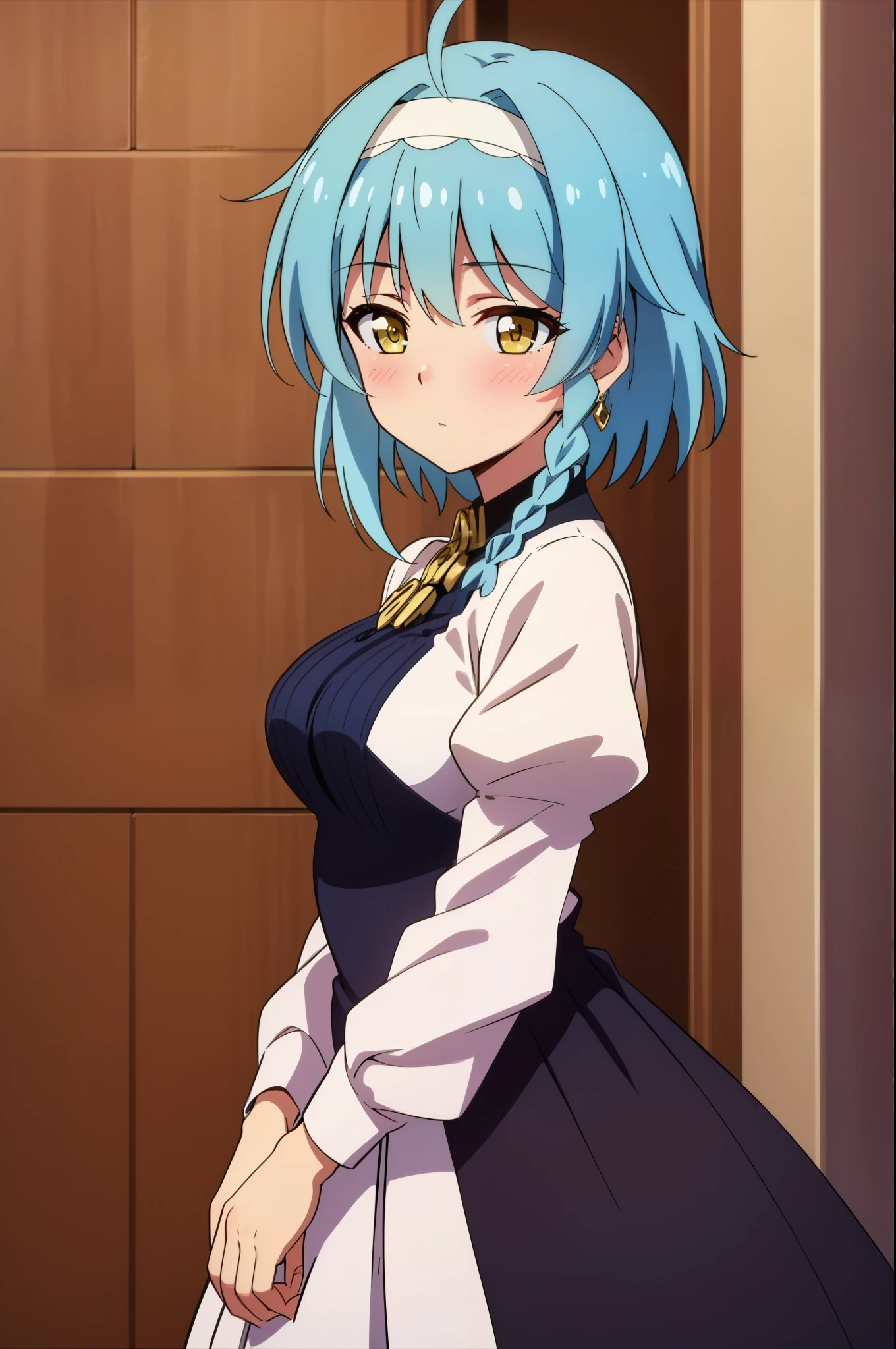 obra maestra, La mejor calidad, 1girl, ahoge, blue hair, blush, braid, dress, hairband, jewelry, short hair, yellow eyes
