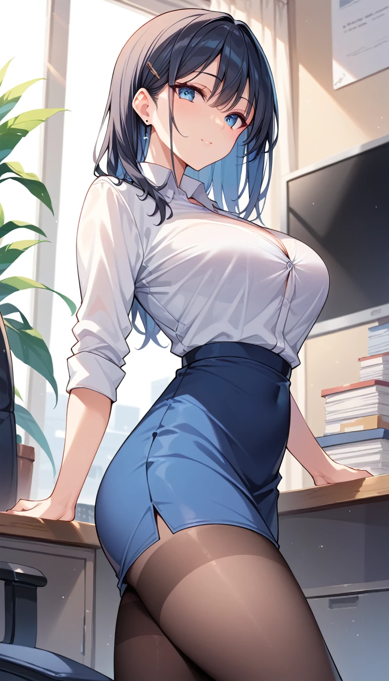 masterpiece, Highest quality, pretty girl,Gray Hair,Small breasts, skinny,hair ornaments, Twin tails,Large areola,Erect nipples,Nipples covered,,Net stockings, necklace, skinny ,,((Nipple soothing)),Office worker sitting on chair,(evening),((Denim pencil skirt that reaches below the knee))