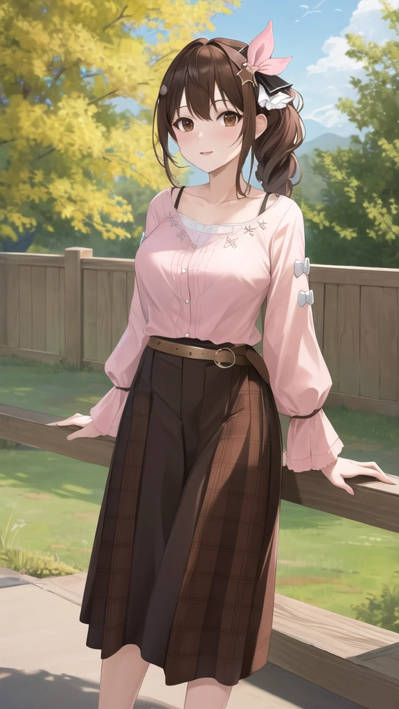 masterpiece, best quality, highres, ts2, brown eyes, pink shirt, long skirt, belt, long sleeves, breasts, cowboy shot, standing, looking at viewer, outdoors,