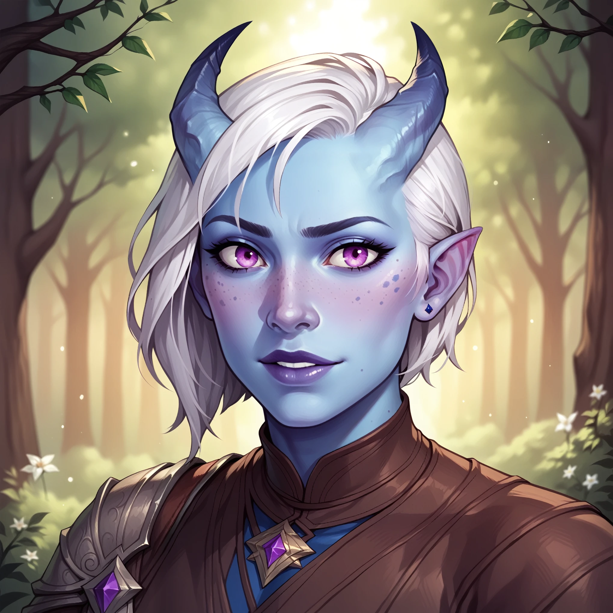 (((beautiful, high quality, comics style, detailed face))), score_9, score_8_up, score_7_up, BREAK, tiefling, 1boy, androgynous, short straight horns, blue skin, blue freckles, white hair, asymmetrical bob, slender, portrait, blurred background, (dynamic lighting:1.1) ((masterpiece)), easynegative