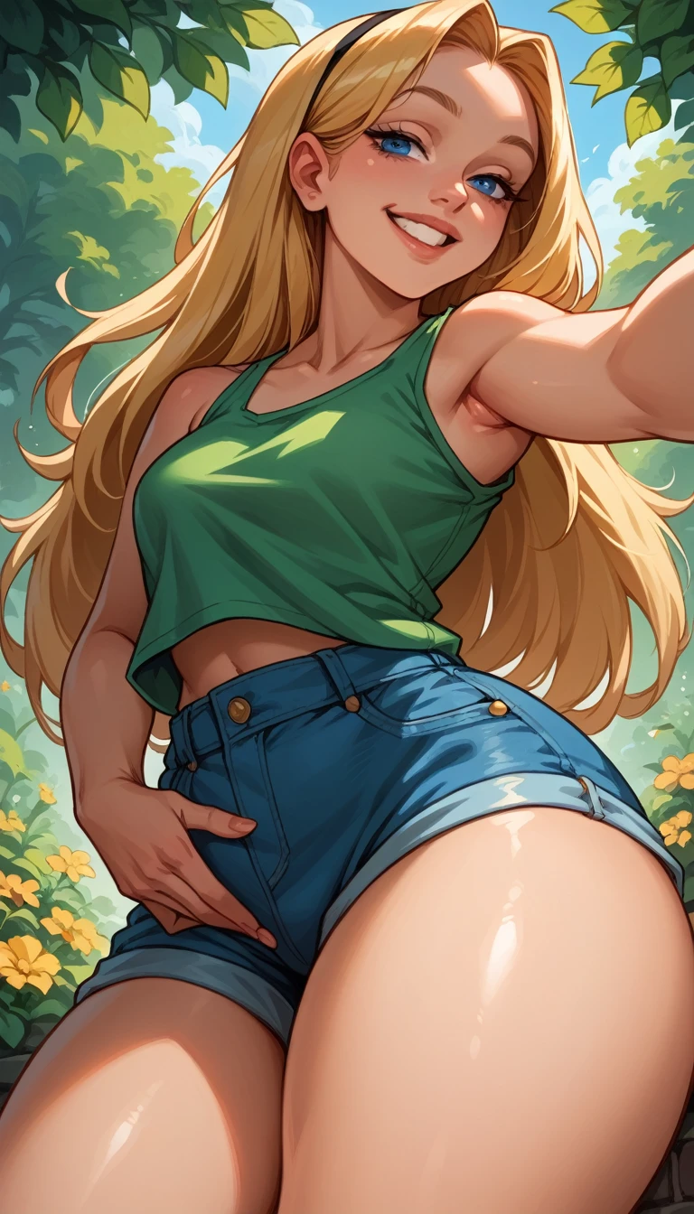 
Alice (Wonderful), Blonde hair, long hair , blue eyes, (:1.1),  Alice wears a green camouflaged tank top combined with very tight and short denim shorts ,casual style,  exposed legs  ,thick thighs,  Knee-high, shiny, oily skin,
Selfie,focus only,   half-closed eyes  ,   smiling,   neckline low angle portrait , in the garden