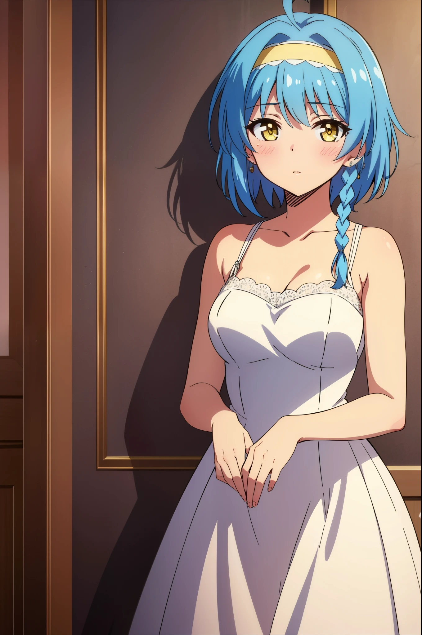 obra maestra, La mejor calidad, 1girl, ahoge, blue hair, blush, braid, dress, hairband, jewelry, short hair, yellow eyes
