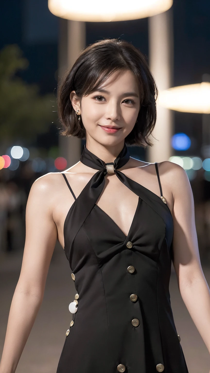 ((Best Quality)), ((8k)), ((masterpiece: 1.3)), (Perfect appearance), ( photorealism : 1.6), (Nag), (A mature woman standing),  perfect anatomy, ((Age 32)), ((button detail tie neck splicing 2 in 1 dress)), ( flat chest), Wavy bob hair, Gentle smile, (Downtown at night),