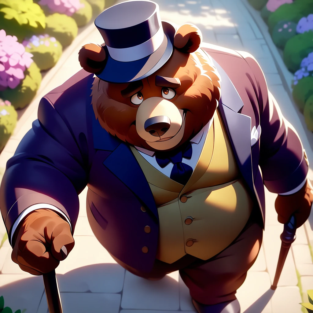  dynamic angle, gentleman, Overweight middle-aged bear man,  silk hat, Walking Cane , A light smile, Take a walk,  Brown Eyes , Male face, Big Face, Male Eyes , Sharp Eye, Big Eyes, Male eyebrows,  Innocent Expression , Flexible body,  Blake English Garden , masterpiece,  best quality ,  so beautiful, Absurd,