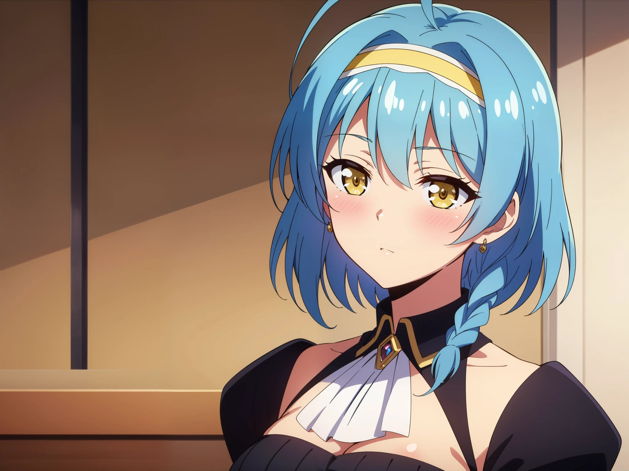 obra maestra, La mejor calidad, 1girl, ahoge, blue hair, blush, braid, dress, hairband, jewelry, short hair, yellow eyes
