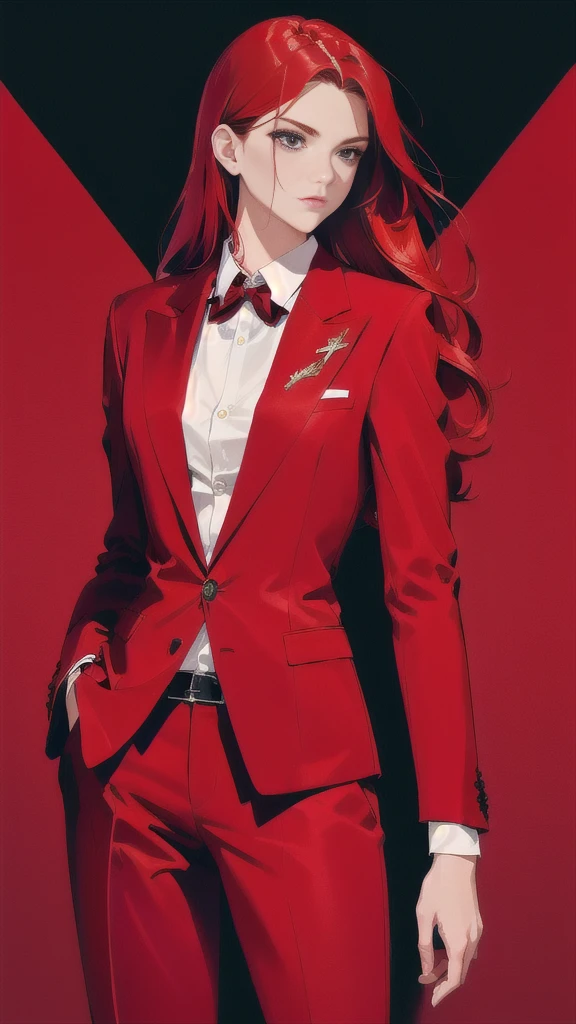 Powerful looking red head wearing red suit