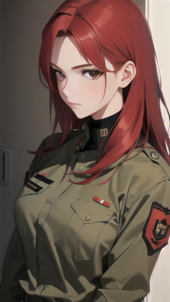 Powerful looking red head wearing army fatigues