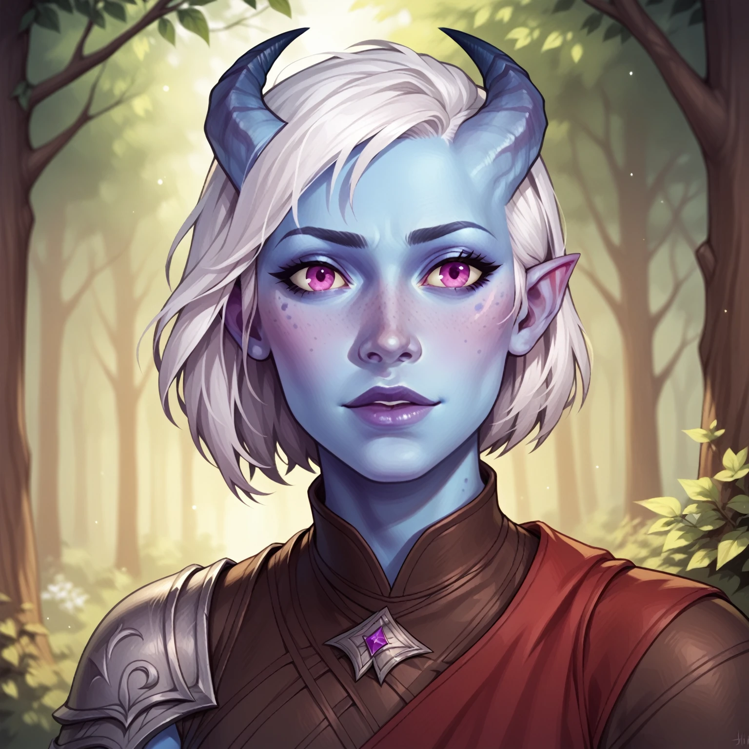 (((beautiful, high quality, comics style, detailed face))), score_9, score_8_up, score_7_up, BREAK, tiefling, 1 androgynous man, short straight horns, blue skin, blue freckles, white hair, asymmetrical bob, slender, portrait, blurred background, (dynamic lighting:1.1) ((masterpiece)), easynegative