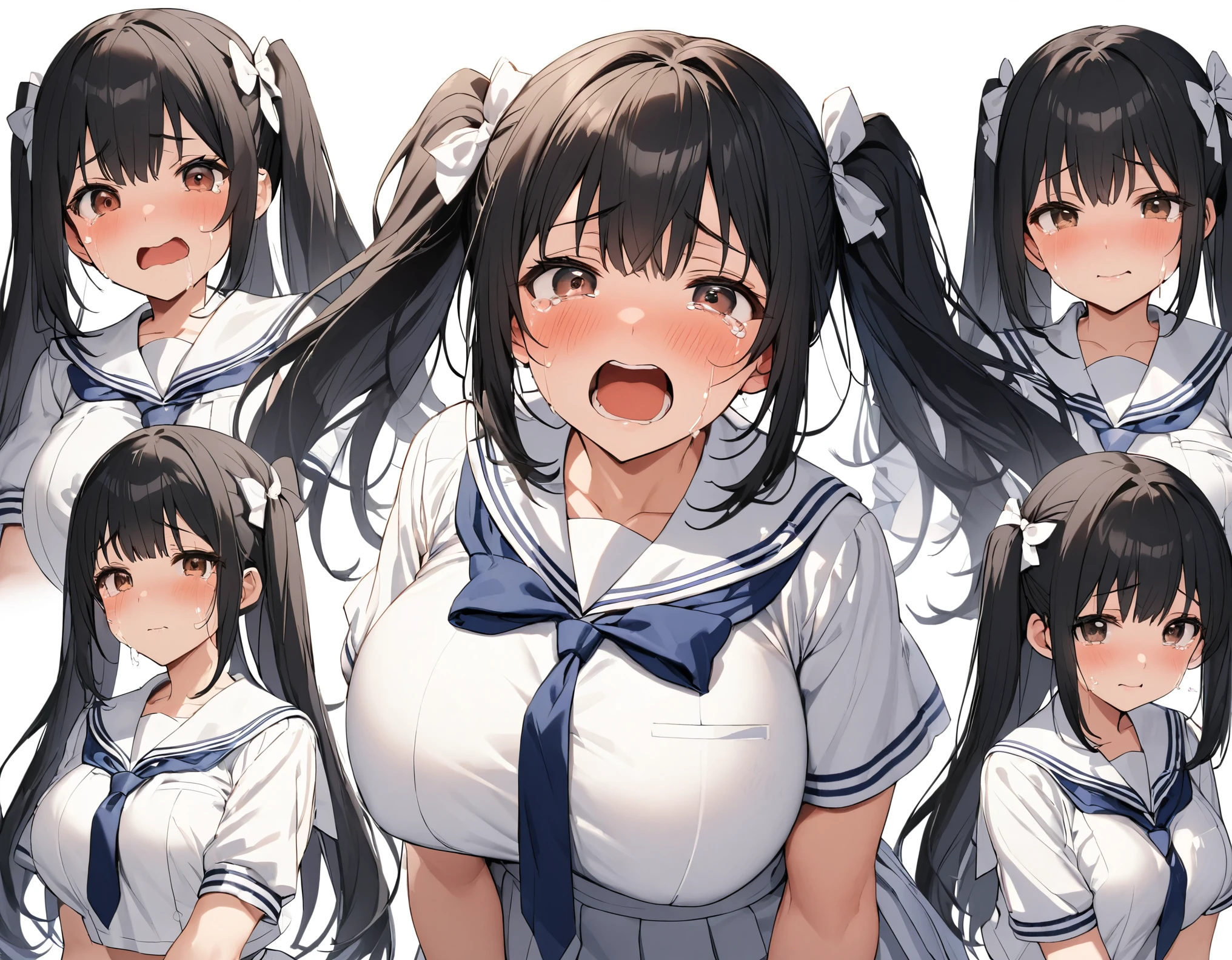 Alone:1.3 close-up black hair with facial expressions :1. 3 twin-tail middle hair with brown eyes, round eyes, white bows, big breasts, thick legs, dark blue ties, dark blue ties in a white summer sailor suit:1. 3 high school girls crying with tears at the edge of their eyes
