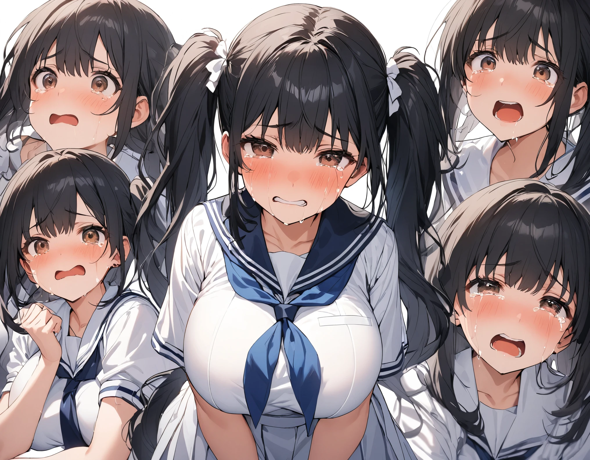 Alone:1.3 close-up black hair with facial expressions :1. 3 twin-tail middle hair with brown eyes, round eyes, white bows, big breasts, thick legs, dark blue ties, dark blue ties in a white summer sailor suit:1. 3 high school girls crying with tears at the edge of their eyes