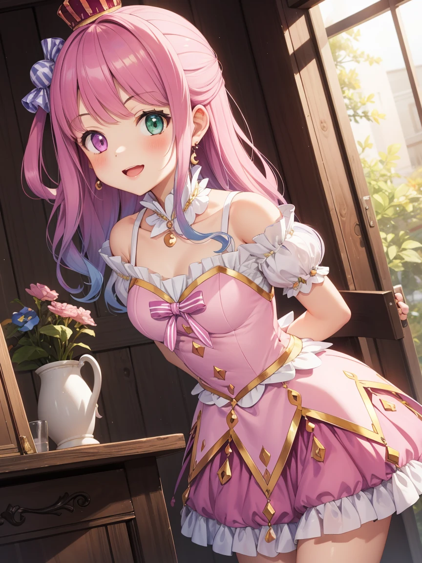 Portrait, official art, best masterpiece, best quality, best resolution, 8K, best detailed, perfect anatomy, Dutch Angle, looking at viewe
BREAK
cowboy shot, Walking, head tilt, arms behind back, leaning forward
BREAK
lunadef, heterochromia, pink hair, long hair, single hair ring, candy hair ornament, (small breasts:1.3), (1small girl, little_girl, short stature:1.4)
BREAK
smile, open your mouth
BREAK
Soft lighting, indirect lighting, absurd, (Workshop), very fine and detailed 16KCG wallpapers