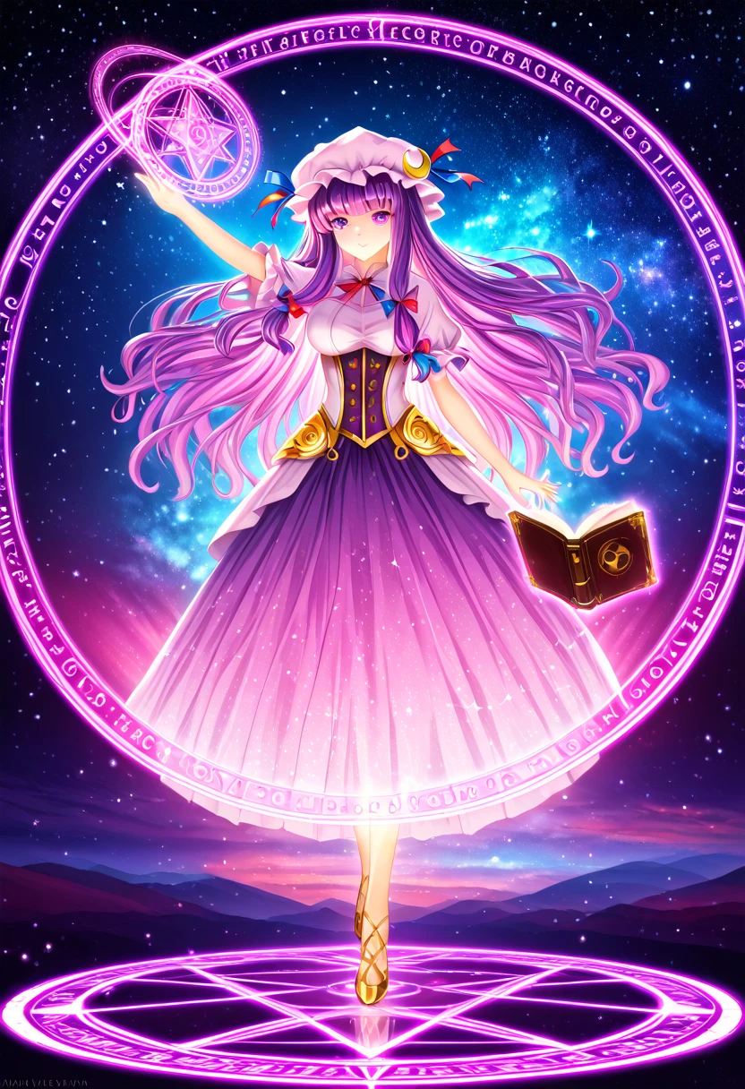 patchouli knowledge, 1girl, purple hair, purple eyes, long hair, mob cap, crescent hat ornament, mob cap, magic circle, holding book in one hand, arm down, walking, full body, glowify, glowing body, glowing skin! Colorful Light, Very Shiny, Very Luminous, Very Colorful, Very Glowing, Darkness, Starry Stars Cloud Colorful, Colorful Glowing Body , Colorful Glowing Skin, Colorful Glowing Clothes, Hiori Light Art, Backlight,PEAnimeBG, Background, anime, scenery, sparkle, star \(symbol \), gl0w, glow, Abstract, centcontrapposto,insanely detailed,ultra highres,masterpiece,8K, super detailed skin, (detailed beautiful face and eyes),very detailed background,elaborately designed clothes,beautiful artwork, detailed eyes, detailed clothes, detailed body, detailed hands, detailed hair, sparkle, star \(symbol\),intricate details, patchouli knowledge, 1girl, purple hair, purple eyes, long hair, mob cap, crescent hat ornament, mob cap, magic circle, holding book in one hand, arm down, walking, full body, glowify, glowing body, glowing skin! Colorful Light, Very Shiny, Very Luminous, Very Colorful, Very Glowing, Darkness, Starry Stars Cloud Colorful, Colorful Glowing Body , Colorful Glowing Skin, Colorful Glowing Clothes, Hiori Light Art, Backlight,PEAnimeBG, Background, anime, scenery, sparkle, star \(symbol \), gl0w, glow, Abstract, centcontrapposto,insanely detailed,ultra highres,masterpiece,8K, super detailed skin, (detailed beautiful face and eyes),very detailed background,elaborately designed clothes,beautiful artwork, detailed eyes, detailed clothes, detailed body, detailed hands, detailed hair, sparkle, star \(symbol\),intricate details, 