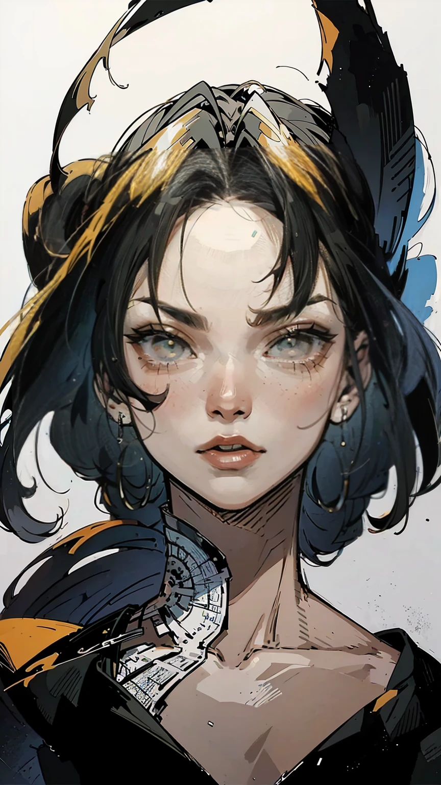 (Best Quality),(high resolution),(beautiful face and eye),bottom perspective, solo focus posed portrait,(Modern anime drawing art , oil painting thick strokes and thin patterns ).