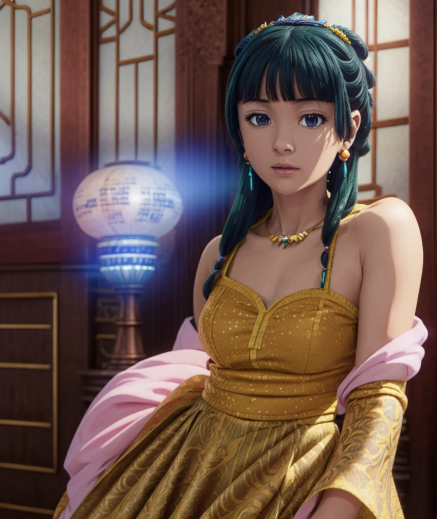 Top quality (8k, high resolution, masterpiece: 1.2), super detailed, anime art style, dynamic angle, teen style, (Chinese dress, exposed shoulders, earrings, indoor,), detailed green hair, detailed blue eyes, intricate hairstyle, long hair , slim body, sparkling eyes, youthful, hair accessories, earrings, half-updo, slightly dull bangs, detailed lighting, bright colors, looking at the viewer, in the center of the image, cowboy shot, usando calcinha e sutiã com  