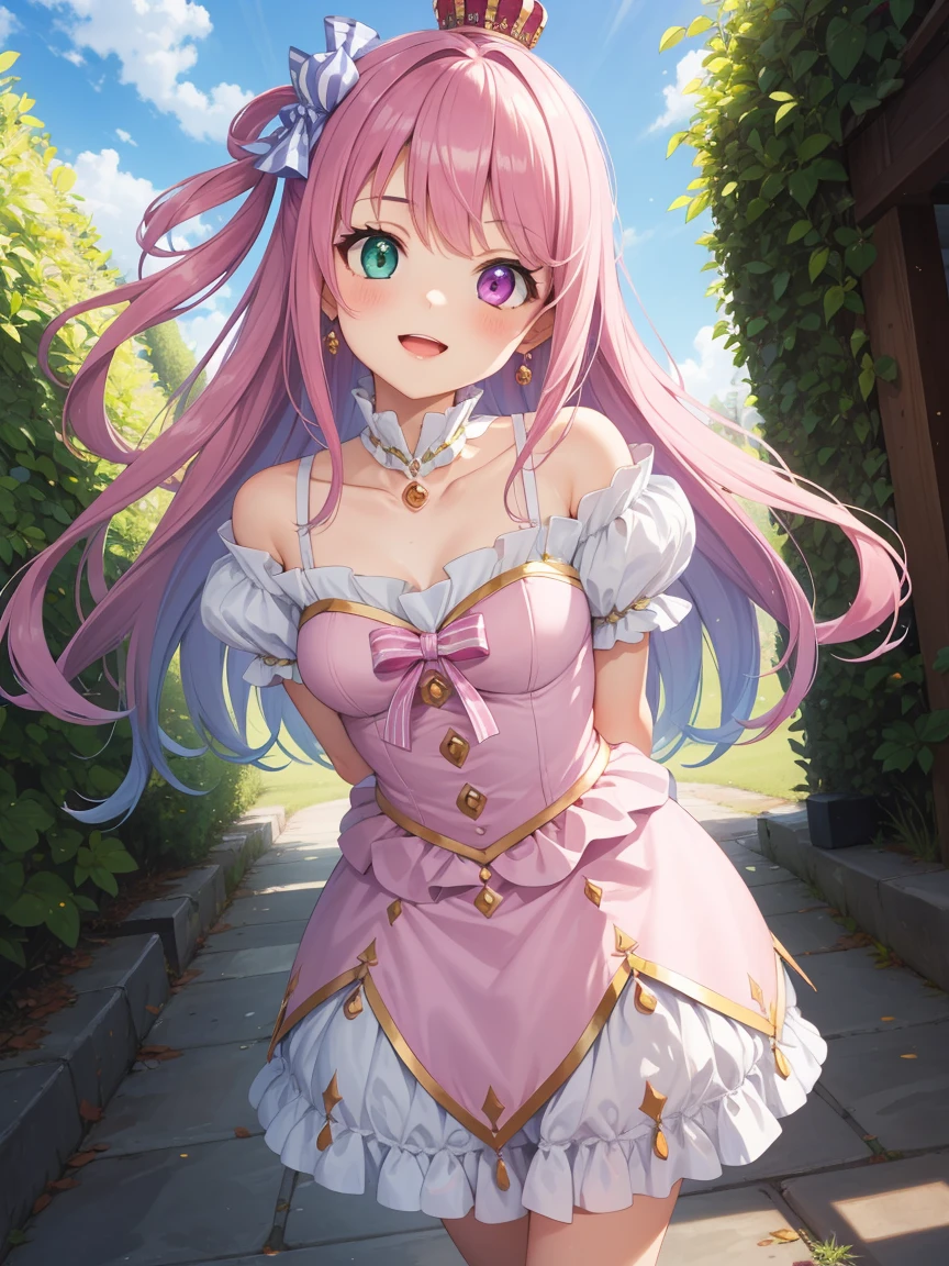 Portrait, official art, best masterpiece, best quality, best resolution, 8K, best detailed, perfect anatomy, Dutch Angle, looking at viewe
BREAK
cowboy shot, Walking, head tilt, arms behind back, leaning forward
BREAK
lunadef, heterochromia, pink hair, long hair, (small breasts:1.3), (1small girl, little_girl, short stature:1.4)
BREAK
smile, open your mouth
BREAK
Soft lighting, indirect lighting, absurd, (royal family), very fine and detailed 16KCG wallpapers