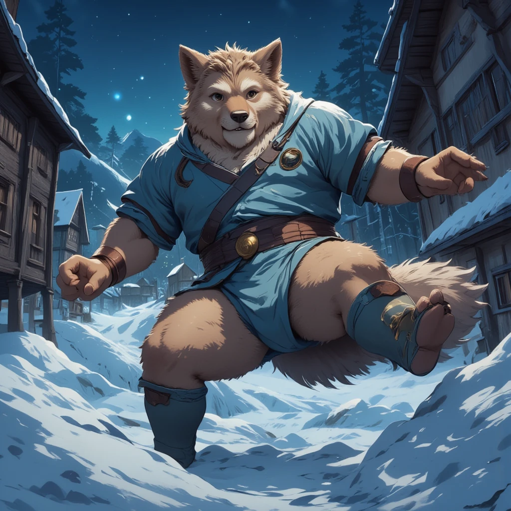 character focus, full body, looking away, various angle, european fantasy, a plump middle-aged wolf man, clothed, heroic costume, pants, kicking, dynamic pose, BREAK complete anatomy, perfect proportions, beautiful thigh gap, fluffy body, intricate fur details, beautiful fur texture, BREAK a detailed wolf tail, detailed boots, detailed foot, detailed hands, 5fingers, 5fingers nails, BREAK aesthetic anime face, insanity detailed face, male face, big face, square jawline, aesthetic anime eyes, detailed brown eyes, detailed brown cornea, detailed dark brown irises, detailed pupils, male eyes, big eyes, male eyebrows, innocent look, beautiful beard, BREAK full body in Michelangelo Buonarroti style, digital illustration anime, housamo style, detailed painting landscape, night, arctic, path, outdoor, full color, HDR, BREAK masterpiece, official art, best quality, very aesthetic, absurdres, super fine illustration, great quality, BREAK noise reduction, very highres, large filesize, high quality, 32K, 8k wallpaper, dynamic lighting, BREAK insanity detailed, ultra detailed, intricate details, extremely detailed, detailed texture, an extremely delicate and beautiful, BREAK osukemo, e621 illustration, Fur Affinity illustration, kemohomo, anthropomorphic, furry, cartoon, harmonious body, pastoral face, virtuous eyes, epic atmosphere