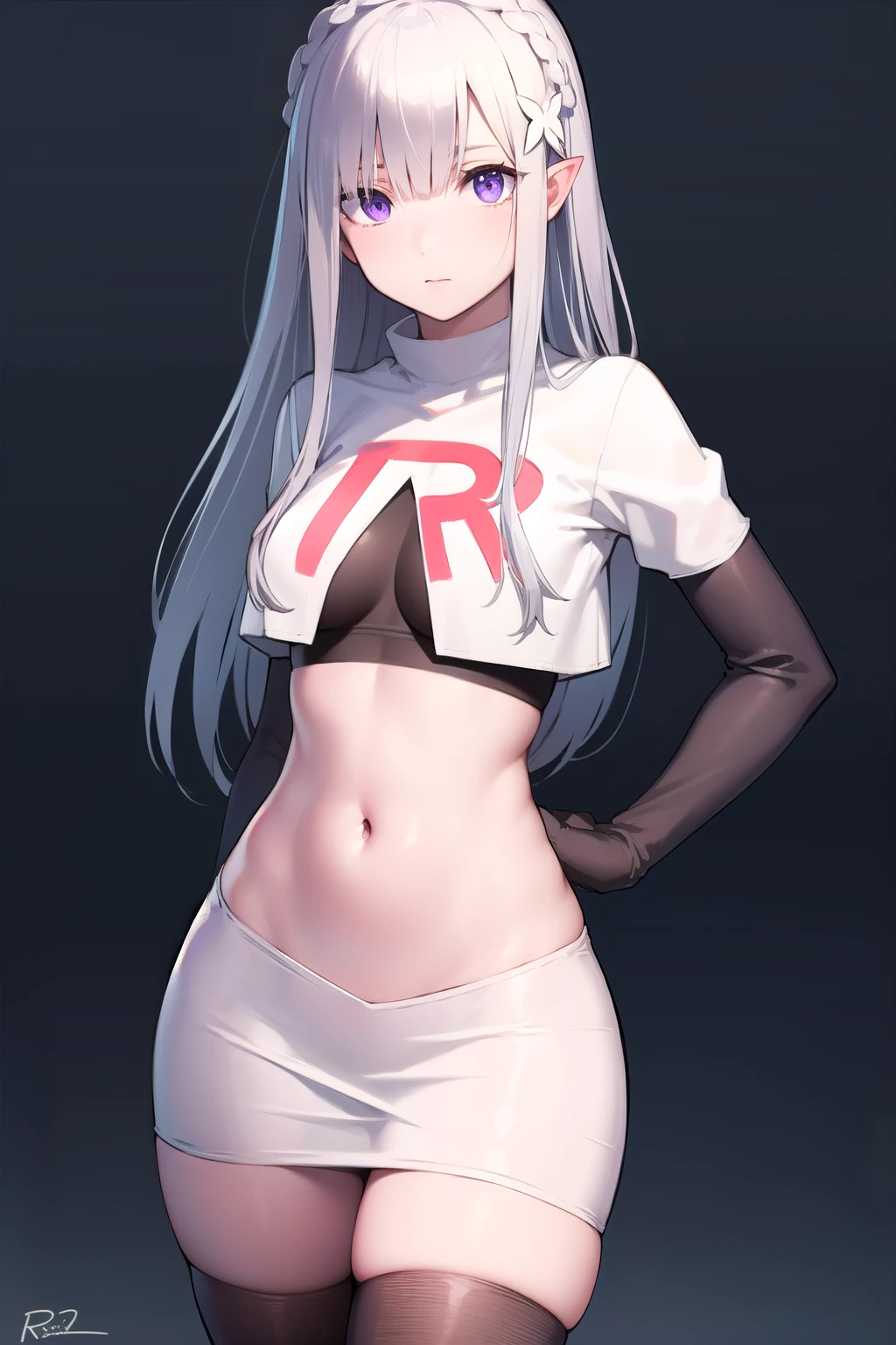 rezeroemilia, emilia, braid, crown braid, flower, hair flower, hair ornament, hair ribbon, long hair, low-tied long hair, (purple eyes:1.2), pointy ears, white flower, x hair ornament,
BREAK low-tied long hair, navel, team rocket,team rocket uniform,white skirt,red letter R,crop top,black thigh-highs,black elbow gloves,
BREAK looking at viewer, cowboy shot,
BREAK (masterpiece:1.2), best quality, high resolution, unity 8k wallpaper, (illustration:0.8), (beautiful detailed eyes:1.6), extremely detailed face, perfect lighting, extremely detailed CG, (perfect hands, perfect anatomy),