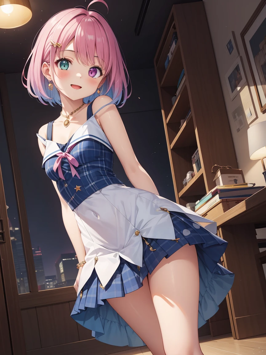 Portrait, official art, best masterpiece, best quality, best resolution, 8K, best detailed, perfect anatomy, Dutch Angle, looking at viewe
BREAK
cowboy shot, Walking, head tilt, arms behind back, leaning forward
BREAK
lunathird, heterochromia, pink hair, short hair, (small breasts:1.3), (1small girl, little_girl, short stature:1.4)
BREAK
smile, open your mouth
BREAK
Soft lighting, indirect lighting, absurd, (royal family), very fine and detailed 16KCG wallpapers