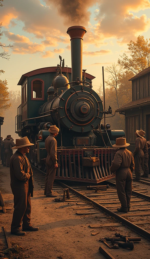 An old steam locomotive under construction, surrounded by workers wearing traditional late 19th century clothing, such as thick cloth overalls and straw hats. The scene is set in an outdoor workshop at dusk, with golden sunlight reflecting off the locomotive’s metal parts and creating dramatic shadows. The background features an orange, partly cloudy sky, with details of trees and wooden buildings typical of the period. Tools and parts are scattered across the dirt floor, and workers are busy with various tasks around the locomotive, such as hammering and fitting parts.