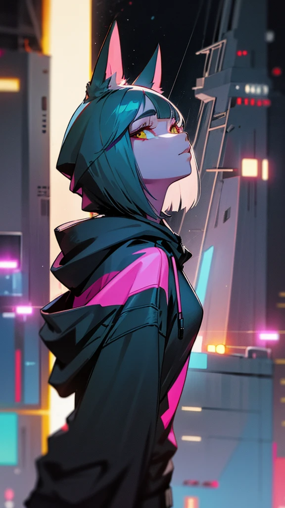 White cat, cat wearing a hoodie,Night City,Future City, Cyberpunk, black hoodie, Kampala,  bob cut,Shiny fur,Odd Eye,Mysterious , bust shots,delicate, Wearing a Hood ,Looking up