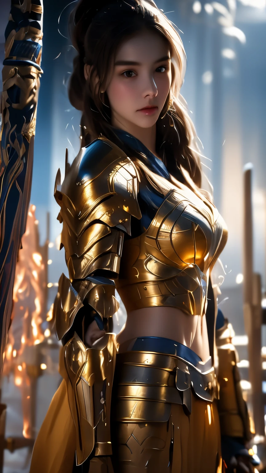 super impressive realistic photo at maximal core, close-up, the most beautiful european white girl with a beautiful flawles face from the care of the world's best dermatologist, beautiful hairstyles from the world's best hairdressers, intricate detailed armor, beautiful woman, strong, sword, fire sword, masterpiece, best quality, crisp detail, high definition, high detail))), girl wearing golden armor, japan style heavy armor, full body armor, long straight haie, carnage, holding japan fire sword, in epic war, fire and smoke everywhere, death anywhere
