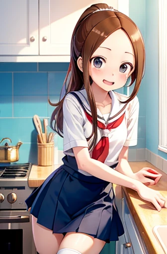 ( anime style) ((Best Quality)),(MS.  Mr. Takagi who is good at teasing)
age：Girl
styles： small breasts
Clothes （superior）：Serafuku
Outfit （Down）：Apron
Decorate ： ponytail
Pose ：
expression： embarrassed
location： kitchen
Time ：sunlight