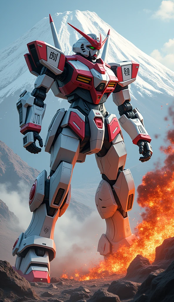 High quality, 8k, summer, mountains, rocks, woods, huge red humanoid mech, Gundam, clear lake, maiden sitting on mecha, huge spaceship glowing in the sky