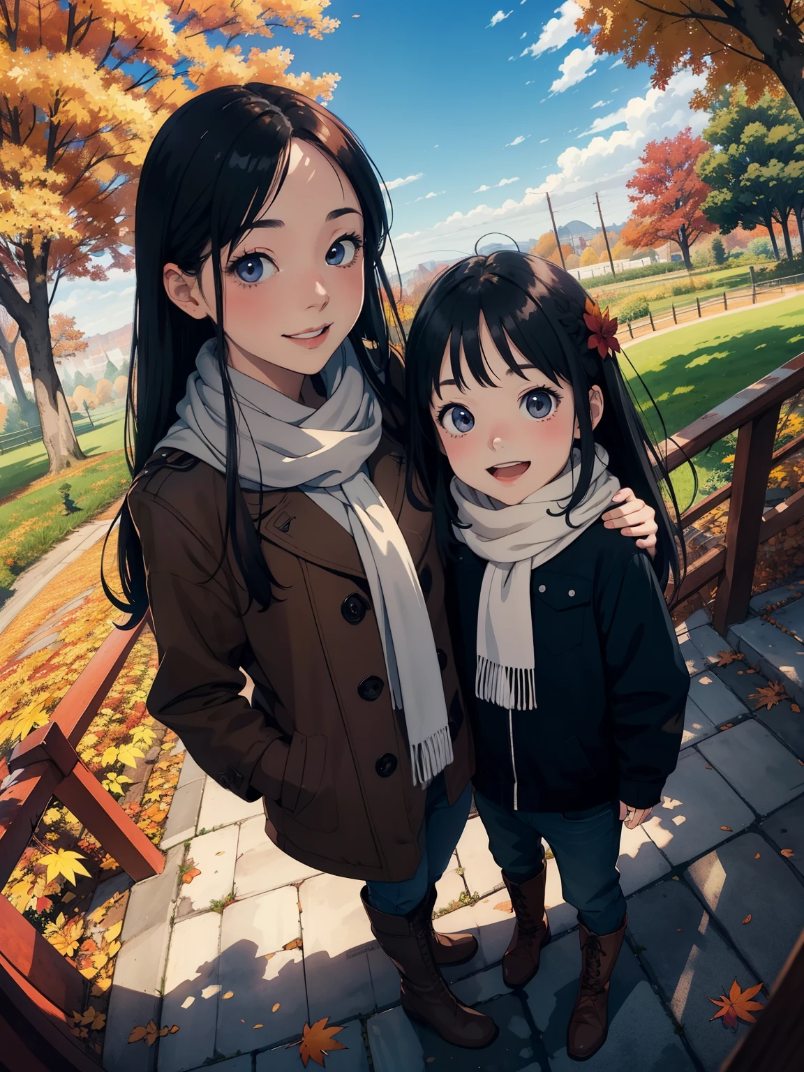 Masterpiece， best quality ， High image quality ，(Superflat,  flat shading  )，Fisheye Lens，Beautiful young mother and her cute daughter， warm scarf， (naked)，Long Hair，boots, smile, smile，White Breath，fun, play，White Breath，Autumn park garden，Autumn leaves，Autumn sky，dusk，Beautiful sunset，Wide angle，Vibrant colors，watercolor, Ghibli style，Strong winds，Girl&#39;s Temptation，