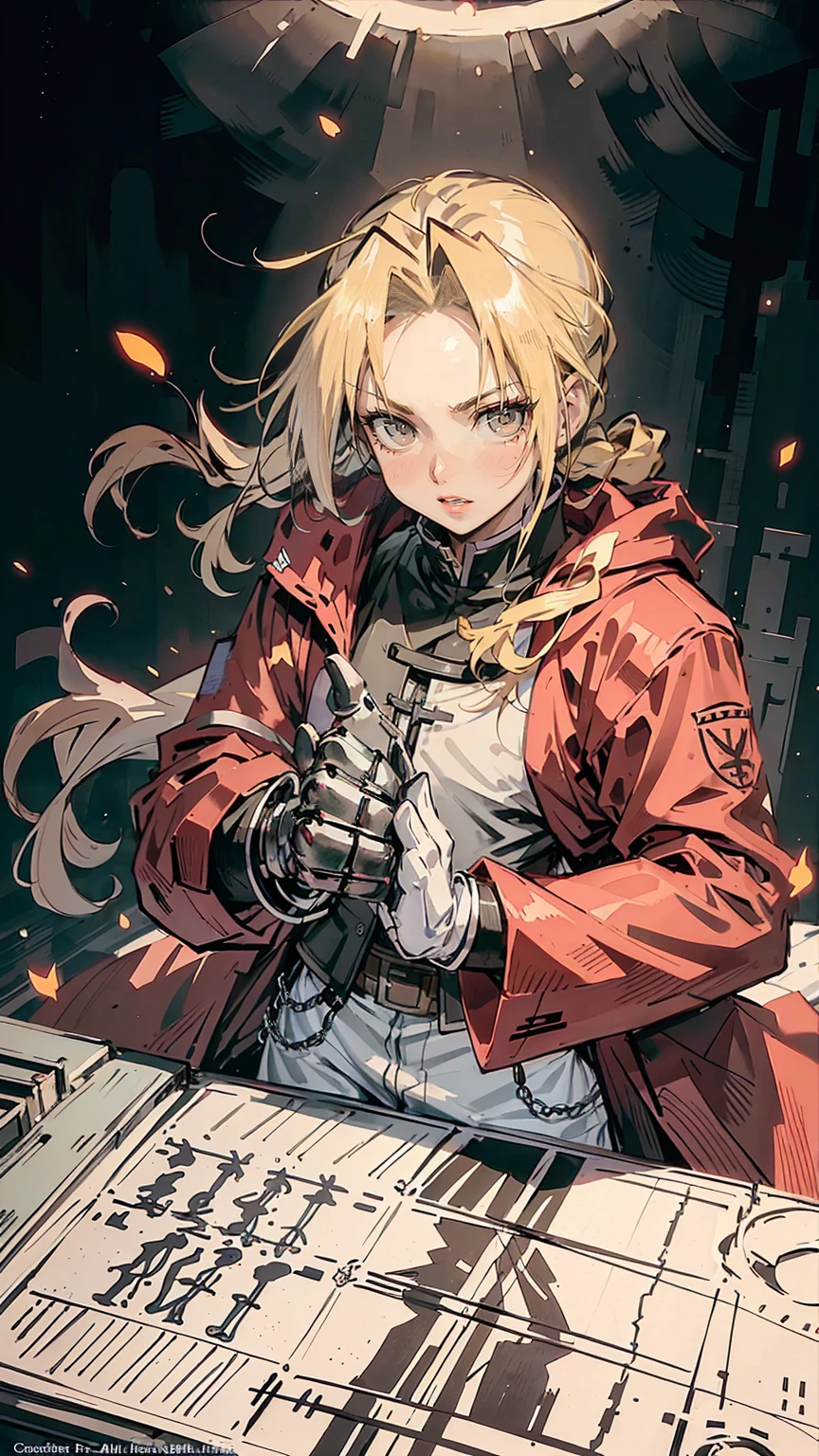 (Best Quality),(high resolution),(beautiful face and eye),bottom perspective, solo focus posed portrait,(Modern anime drawing art , oil painting thick strokes and thin patterns ).western comics art , Edward Elric 1man !character, a single mechanical arm, white gloves, red jacket, long hair, male focus, single braid. vibrant colors, highly detailed.Above the head is a halo or northern lights . in the background are many alchemical signs from the anime Fullmetal Alchemist