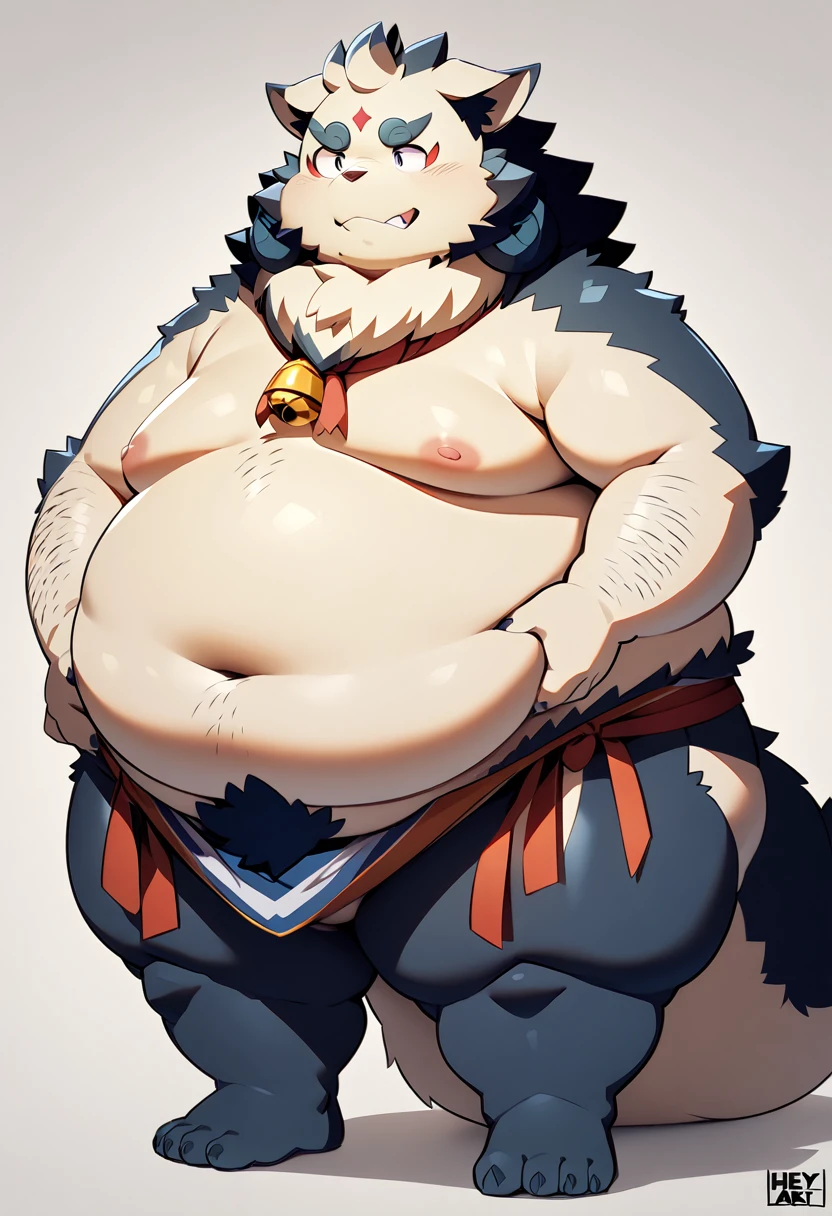 (Agyou)((masterpiece)),((high quality)),  kemono art , Hairy characters,  kemono art , Full body photo, Boy anime style, Full body images, Hairy characters,  kemono art , a Full body images, He became extremely obese （（Being stripped of her clothes、Show your belly））