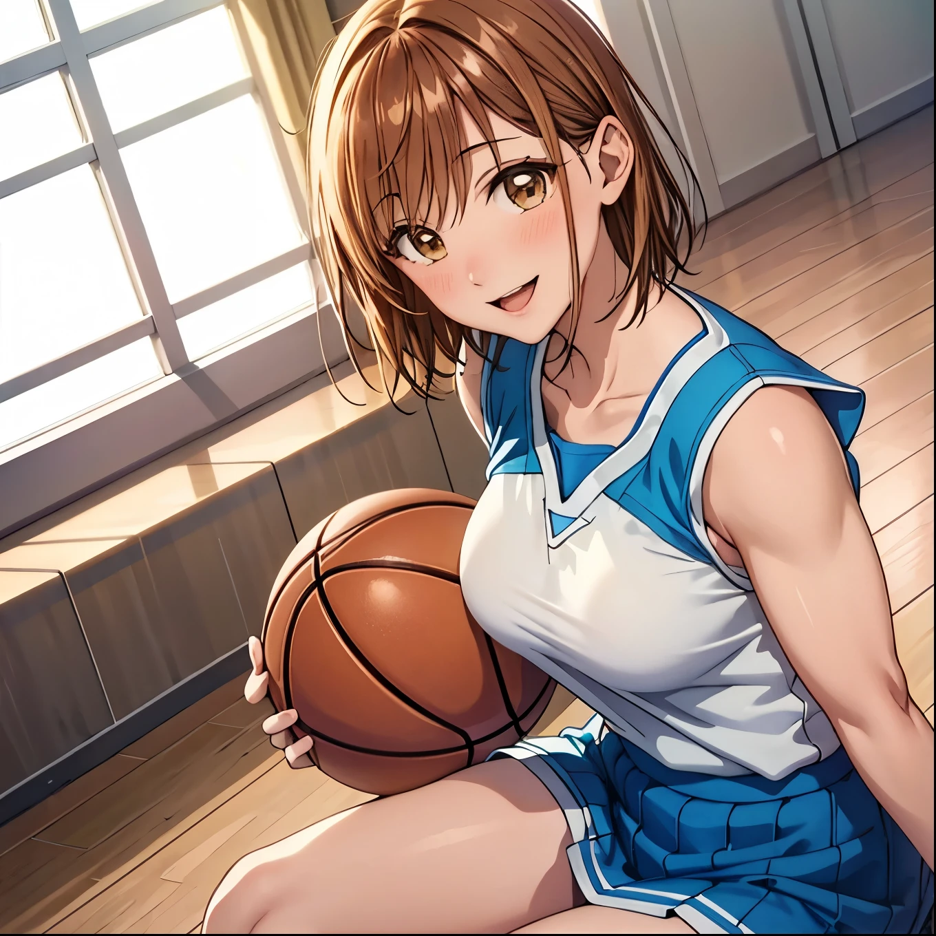 masterpiece, Best Quality, High resolution,16k,official art,super detailed skin,detailed,Kano Chinatsu,(C cup beautiful breasts)、(tall:1.2),height: 170cm,Brown eyes, Brown Hair,Sexy long legs,Fashion model body type,gal,bangs, basketball uniform,Staring at the audience, short hair, Sitting, smile,Muscular、1girl,big laugh,smile、Shy、Shyness,Cool look,blush,A composition that shows the upper body,cinematic lighting,Superfine,magnificent view、basketball court,dynamic angle,extreme closeup,sporty pose