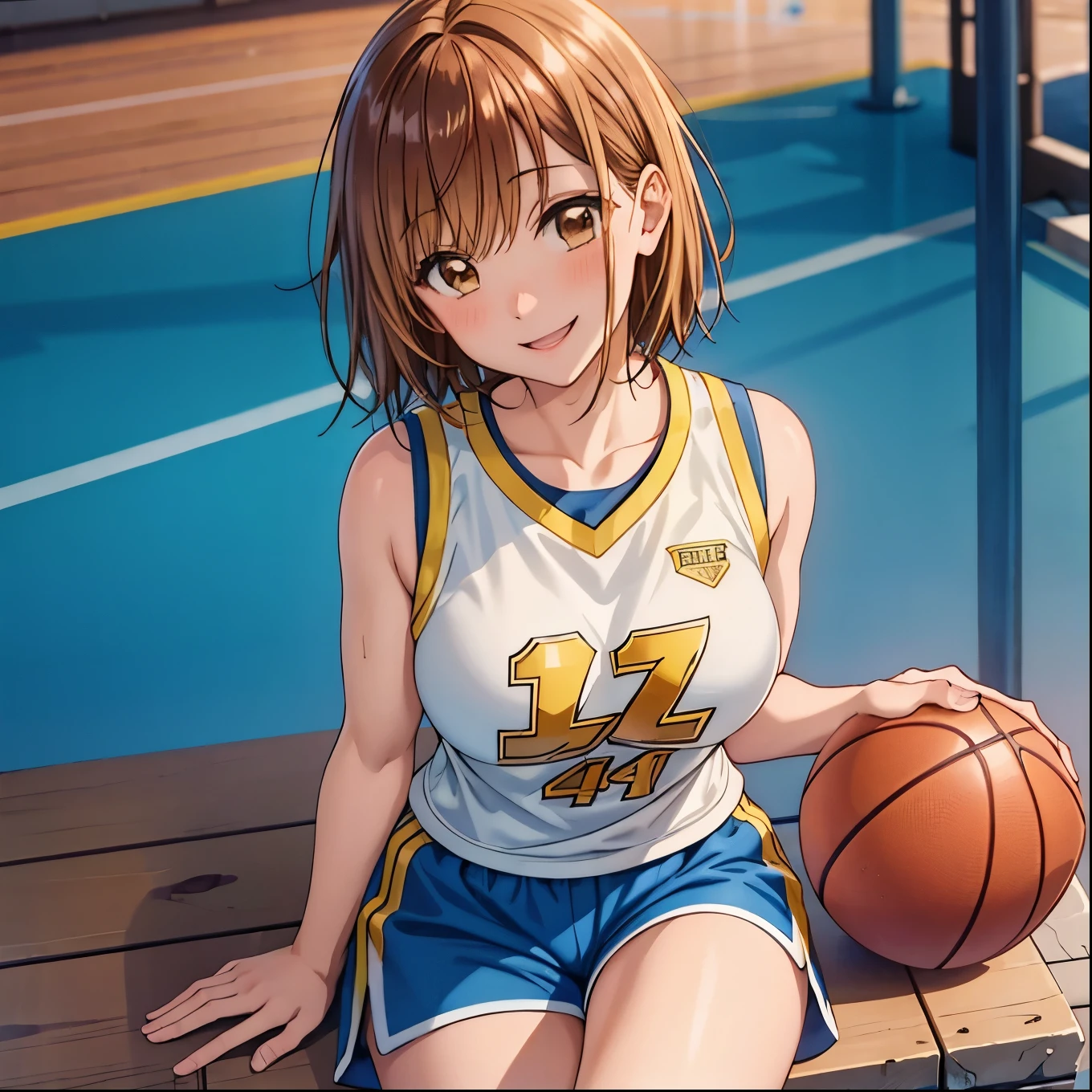 masterpiece, Best Quality, High resolution,16k,official art,super detailed skin,detailed,Kano Chinatsu,(C cup beautiful breasts)、(tall:1.2),height: 170cm,Brown eyes, Brown Hair,Sexy long legs,Fashion model body type,gal,bangs, basketball uniform,sporty short pants,Staring at the audience, short hair, Sitting, smile,Muscular、1girl,big laugh,smile、Shy、Shyness,Cool look,blush,A composition that shows the upper body,cinematic lighting,Superfine,magnificent view、basketball court,dynamic angle,extreme closeup,sporty pose