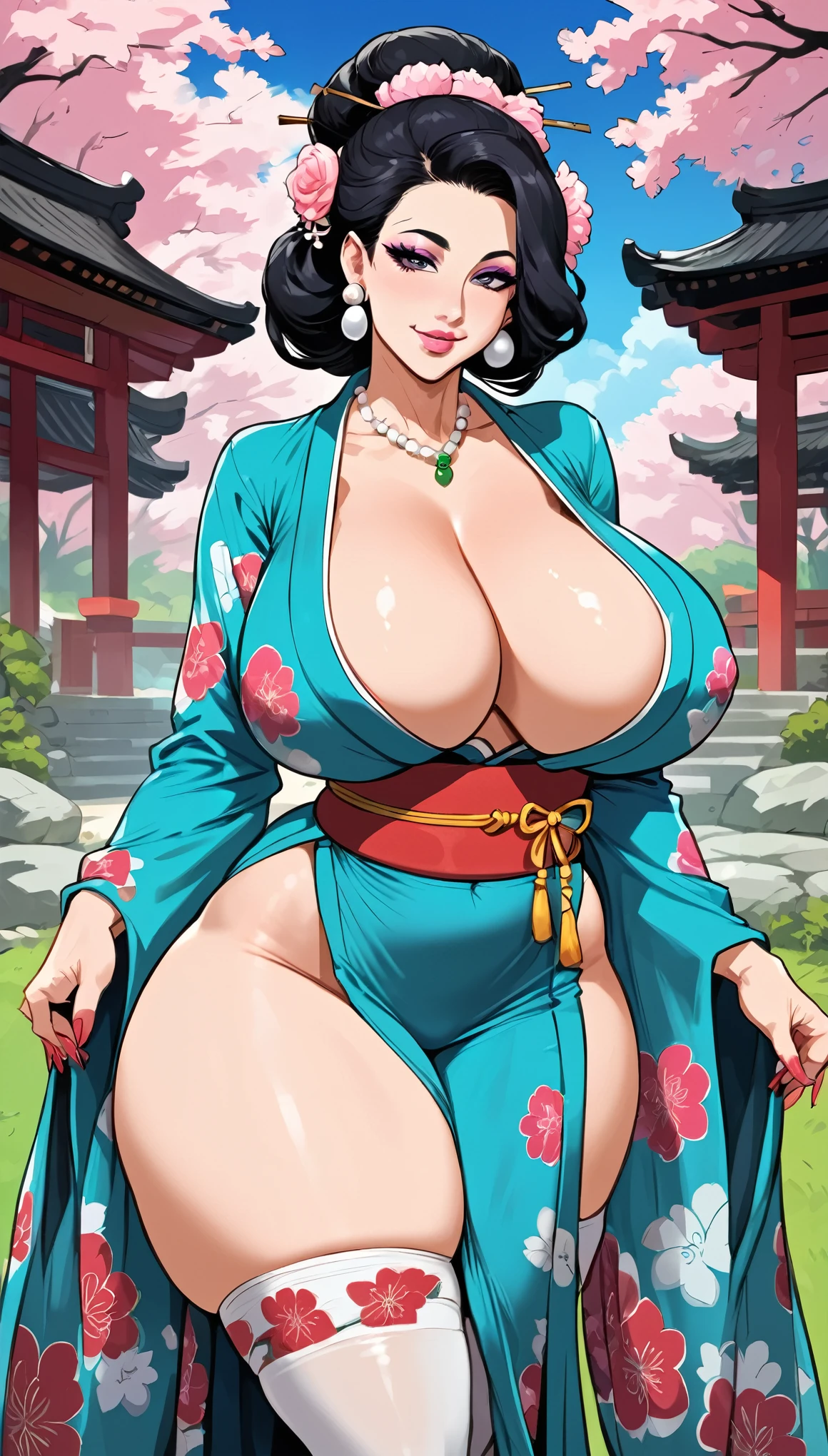 chunlims, sexy woman, mature, milf, huge breasts, large breasts, curvy, voluptuous, completely nude, nude, pussy, nipples, earrings, sweating, shiny skin, serious, standing, solo focus, chinese temple, outdoors